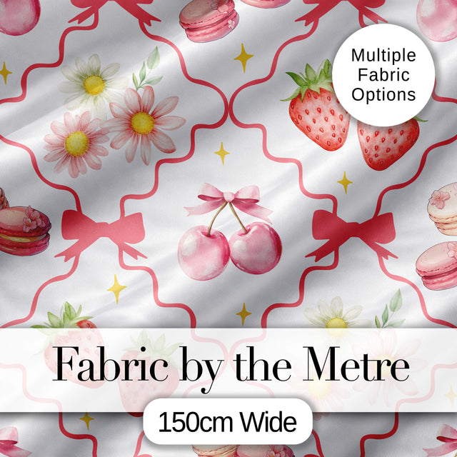 Strawberry Cherry Daisy White Beige Outline Cute Coquette Floral  Digital Print Material by the Metre UK Sewing Quilting Textile