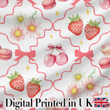 Strawberry Cherry Daisy White Beige Outline Cute Coquette Floral  Digital Print Material by the Metre UK Sewing Quilting Textile