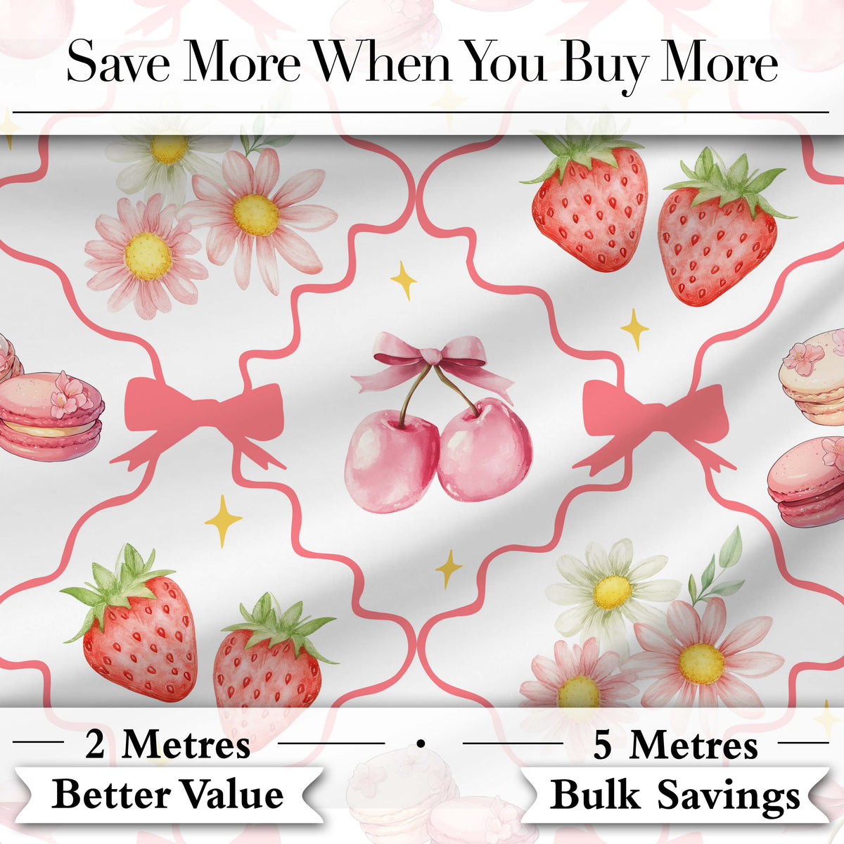 Strawberry Cherry Daisy White Beige Outline Cute Coquette Floral  Digital Print Material by the Metre UK Sewing Quilting Textile