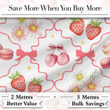 Strawberry Cherry Daisy White Beige Outline Cute Coquette Floral  Digital Print Material by the Metre UK Sewing Quilting Textile