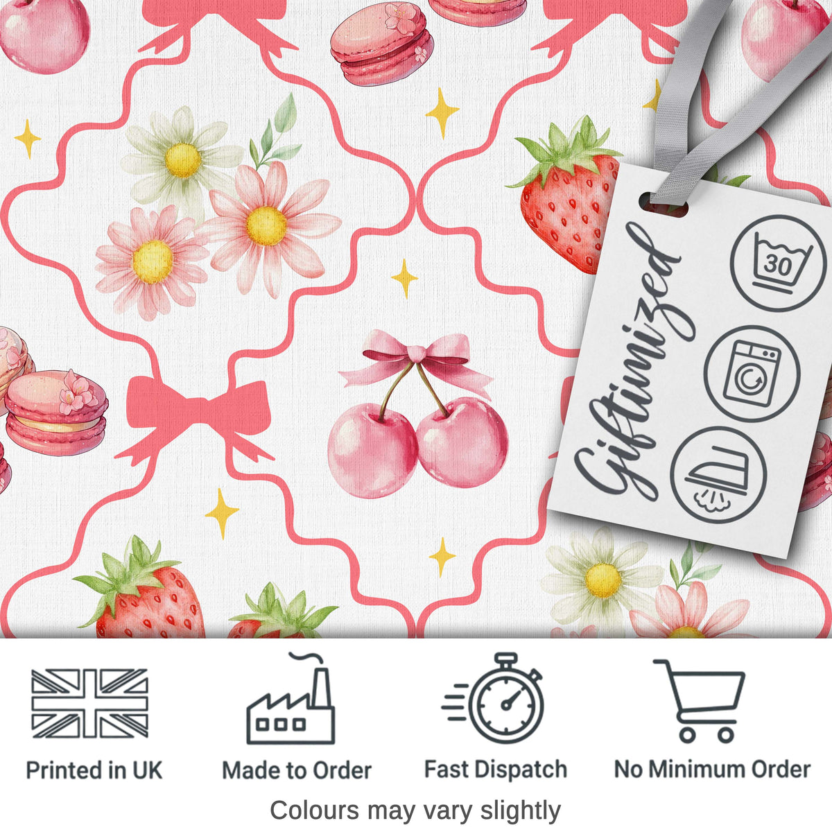 Strawberry Cherry Daisy White Beige Outline Cute Coquette Floral  Digital Print Material by the Metre UK Sewing Quilting Textile