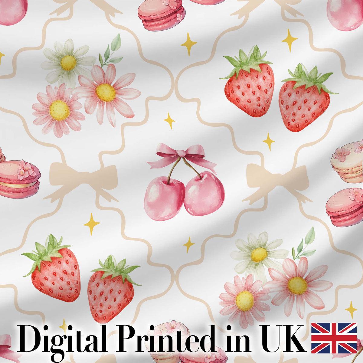 Strawberry Cherry Daisy White Yellow Outline Cute Coquette Floral  Digital Print Material by the Metre UK Sewing Quilting Textile