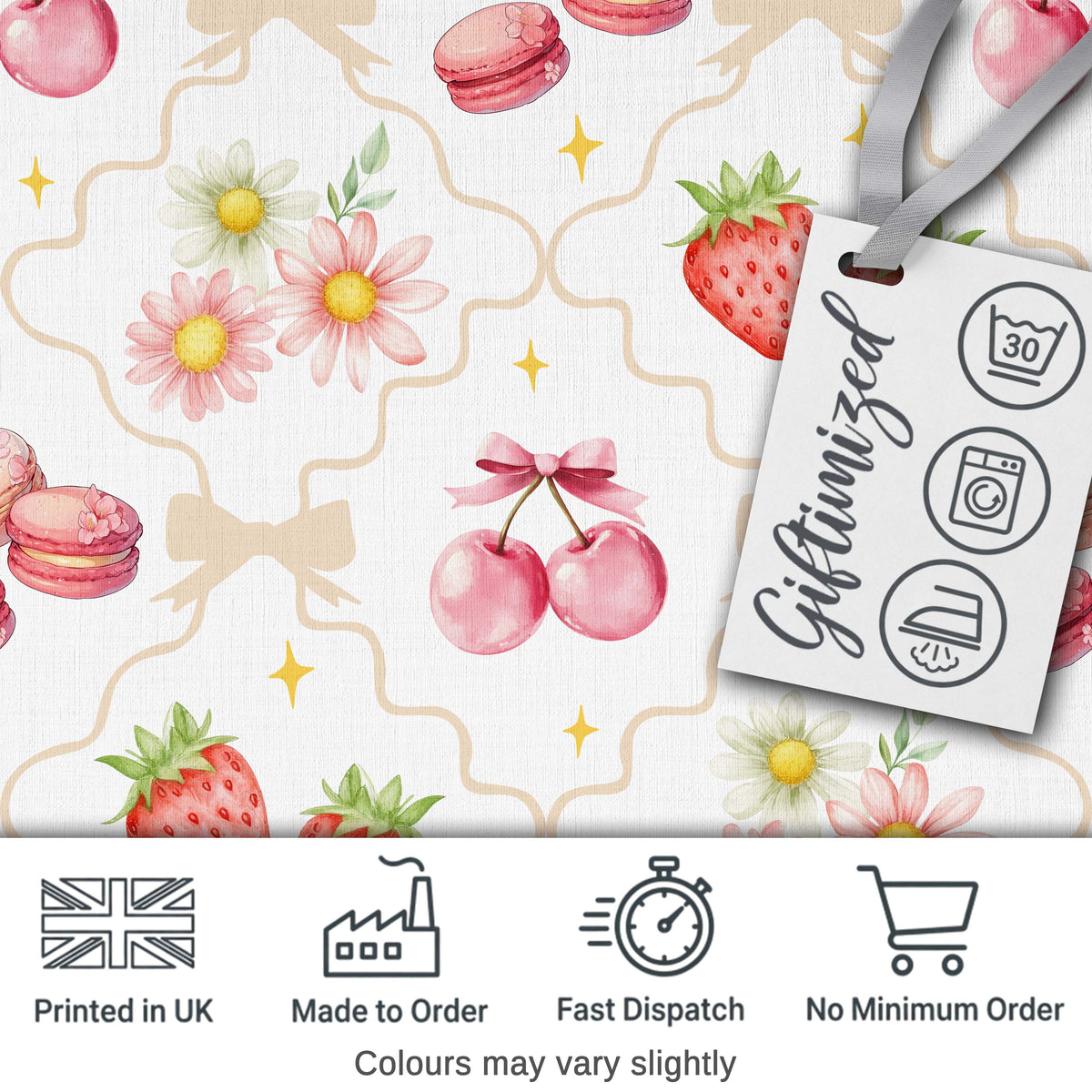Strawberry Cherry Daisy White Yellow Outline Cute Coquette Floral  Digital Print Material by the Metre UK Sewing Quilting Textile