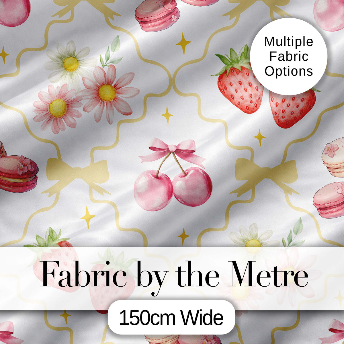 Strawberry Cherry Daisy White Pastel Outline Cute Coquette Floral  Digital Print Material by the Metre UK Sewing Quilting Textile