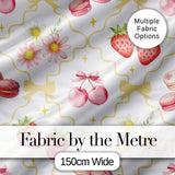 Strawberry Cherry Daisy White Pastel Outline Cute Coquette Floral  Digital Print Material by the Metre UK Sewing Quilting Textile