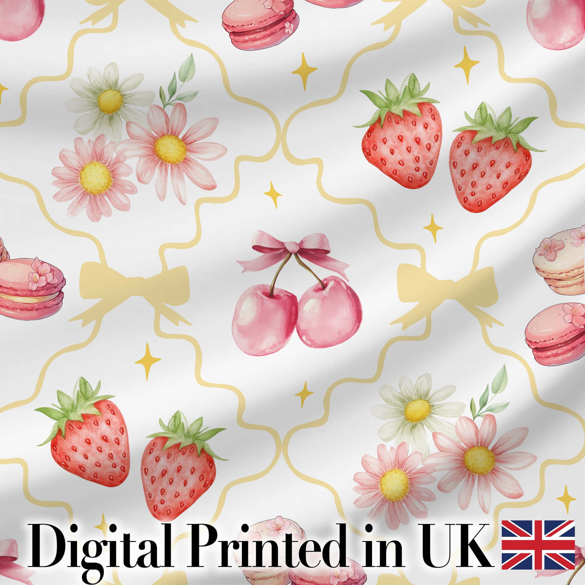Strawberry Cherry Daisy White Pastel Outline Cute Coquette Floral  Digital Print Material by the Metre UK Sewing Quilting Textile