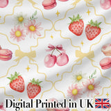 Strawberry Cherry Daisy White Pastel Outline Cute Coquette Floral  Digital Print Material by the Metre UK Sewing Quilting Textile