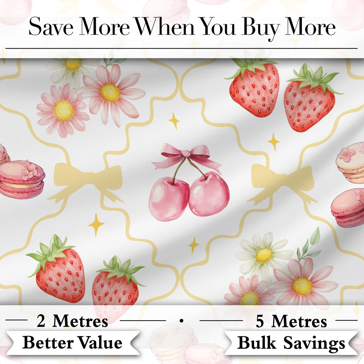 Strawberry Cherry Daisy White Pastel Outline Cute Coquette Floral  Digital Print Material by the Metre UK Sewing Quilting Textile