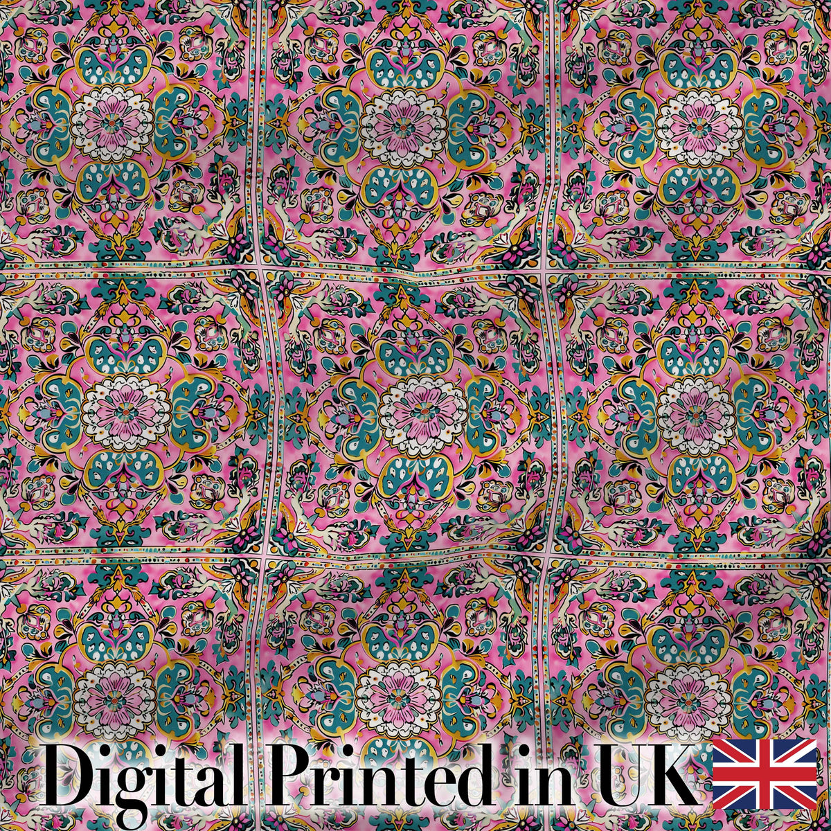 Teal Pink Mandala Floral Tile Pattern Decorative Symmetry Lovely  Digital Print Material by the Metre UK Sewing Quilting Textile