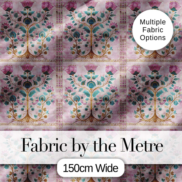Teal Pink Vintage Floral Frame Pattern Distressed Ornamental Lovely  Digital Print Material by the Metre UK Sewing Quilting Textile