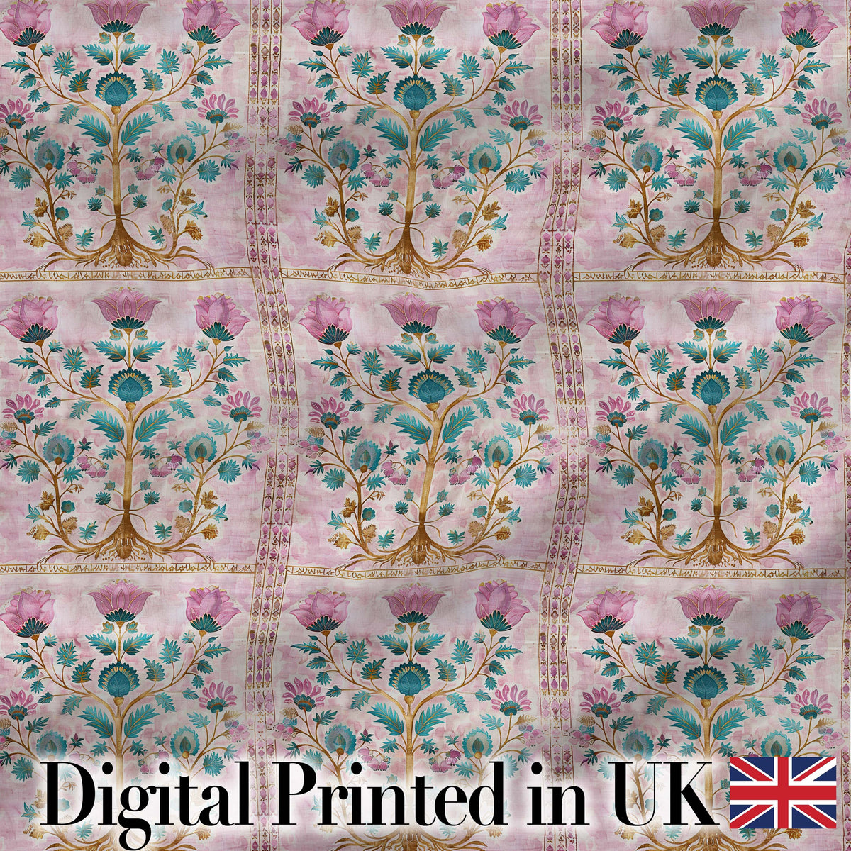 Teal Pink Vintage Floral Frame Pattern Distressed Ornamental Lovely  Digital Print Material by the Metre UK Sewing Quilting Textile