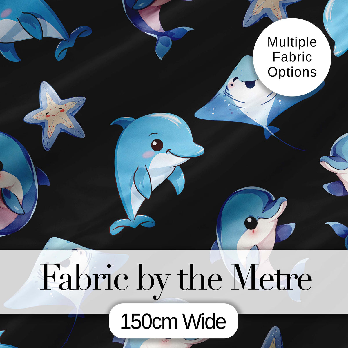 Cute Dolphin Stingray Starfish Cartoon Sea Life Pattern Blue Lovely  Digital Print Material by the Metre UK Sewing Quilting Textile