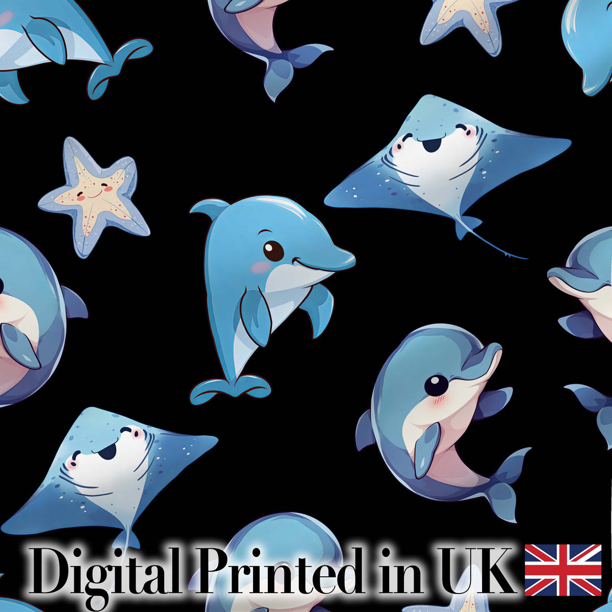 Cute Dolphin Stingray Starfish Cartoon Sea Life Pattern Blue Lovely  Digital Print Material by the Metre UK Sewing Quilting Textile