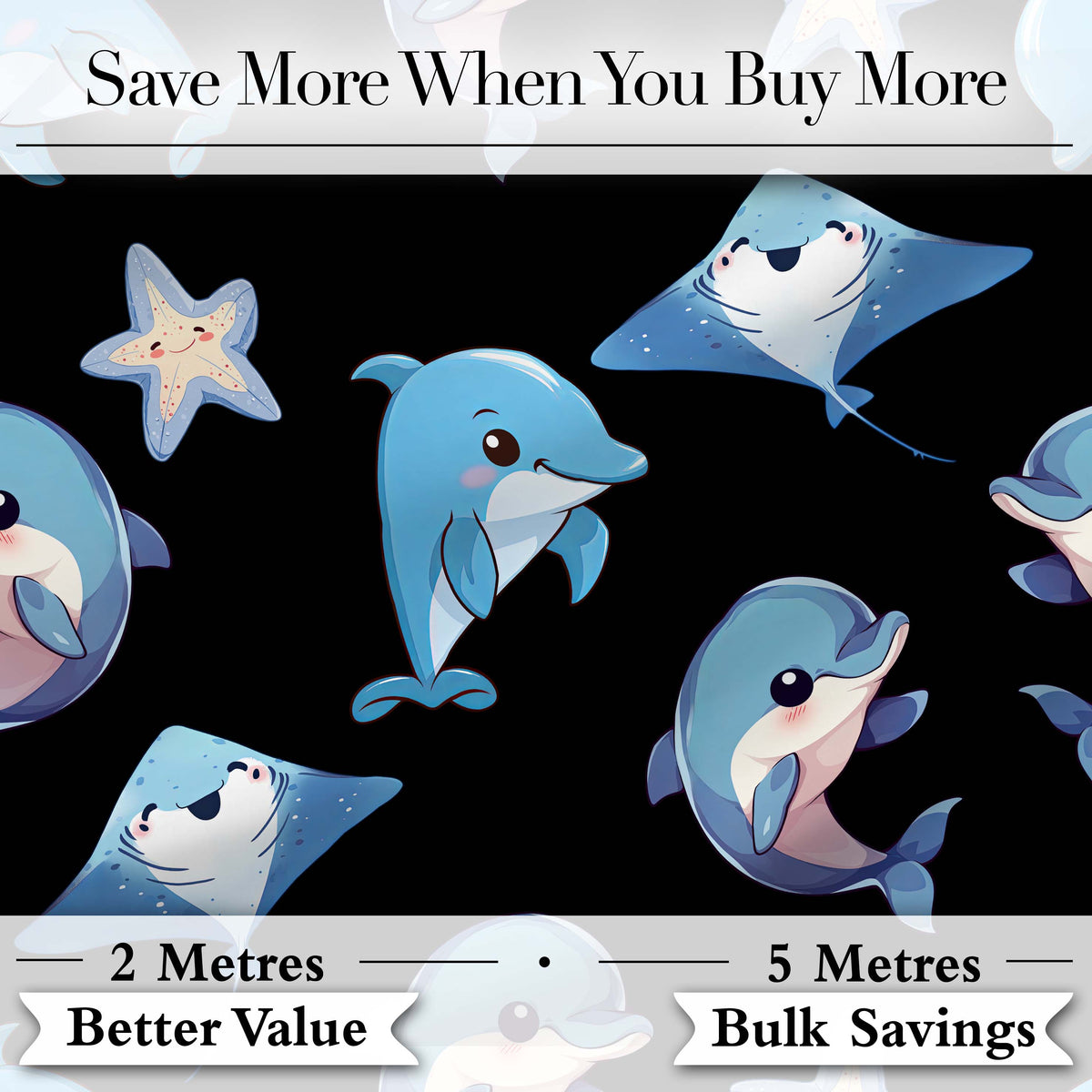 Cute Dolphin Stingray Starfish Cartoon Sea Life Pattern Blue Lovely  Digital Print Material by the Metre UK Sewing Quilting Textile
