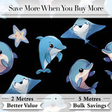 Cute Dolphin Stingray Starfish Cartoon Sea Life Pattern Blue Lovely  Digital Print Material by the Metre UK Sewing Quilting Textile