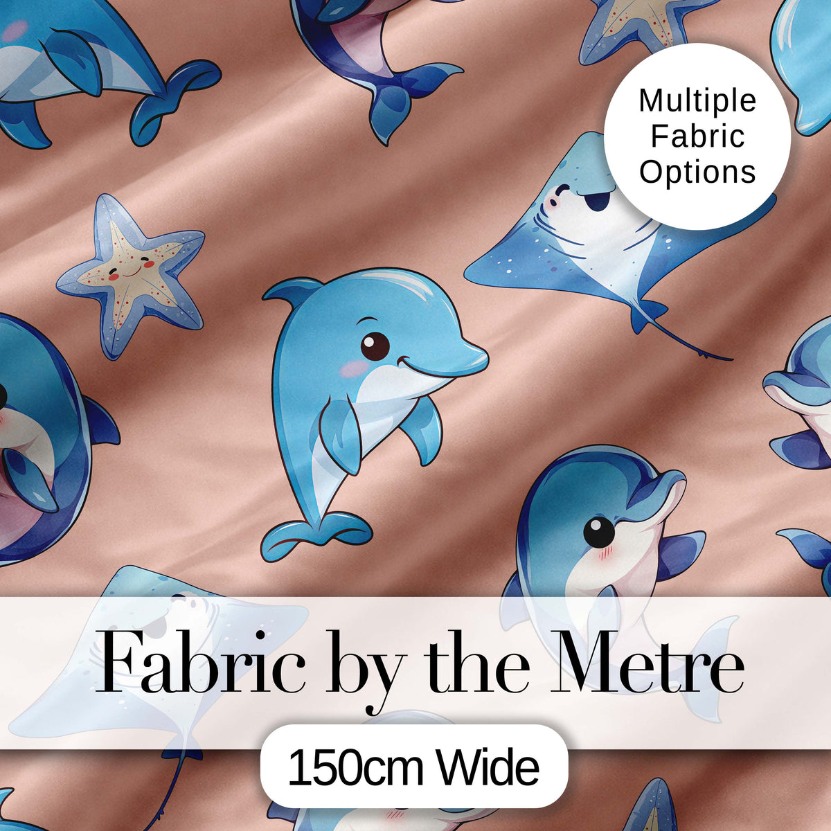 Cute Dolphin Stingray Starfish Cartoon Sea Life Pattern Navy Lovely  Digital Print Material by the Metre UK Sewing Quilting Textile