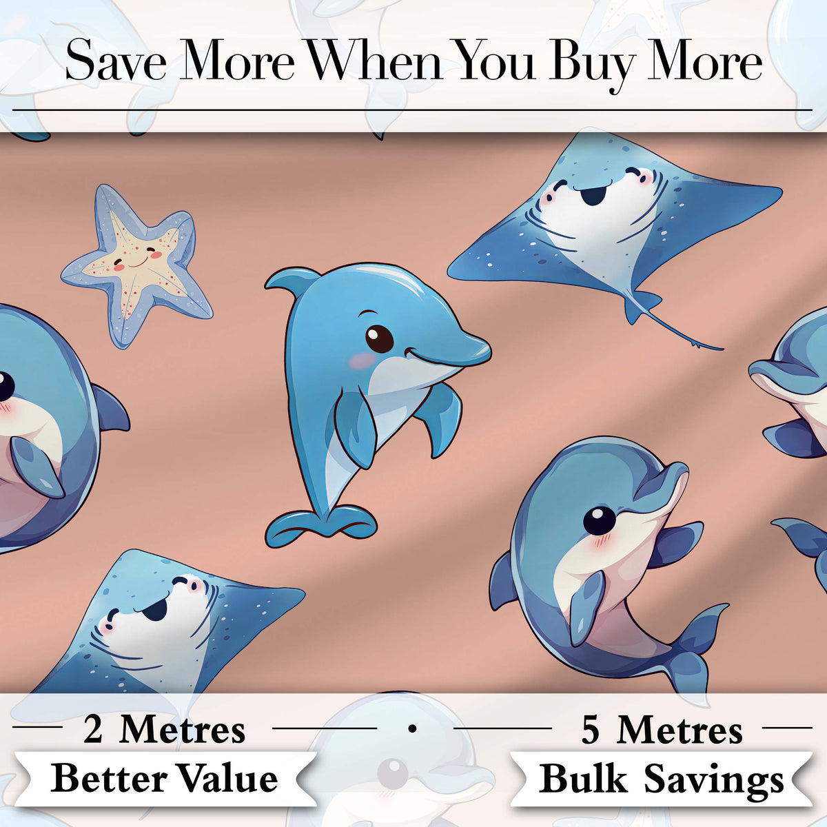 Cute Dolphin Stingray Starfish Cartoon Sea Life Pattern Navy Lovely  Digital Print Material by the Metre UK Sewing Quilting Textile