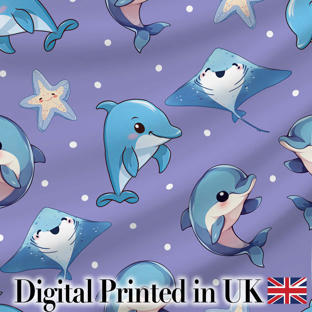Cute Dolphin Stingray Starfish Ocean Sea Life Soft Aqua Background  Digital Print Material by the Metre UK Sewing Quilting Textile