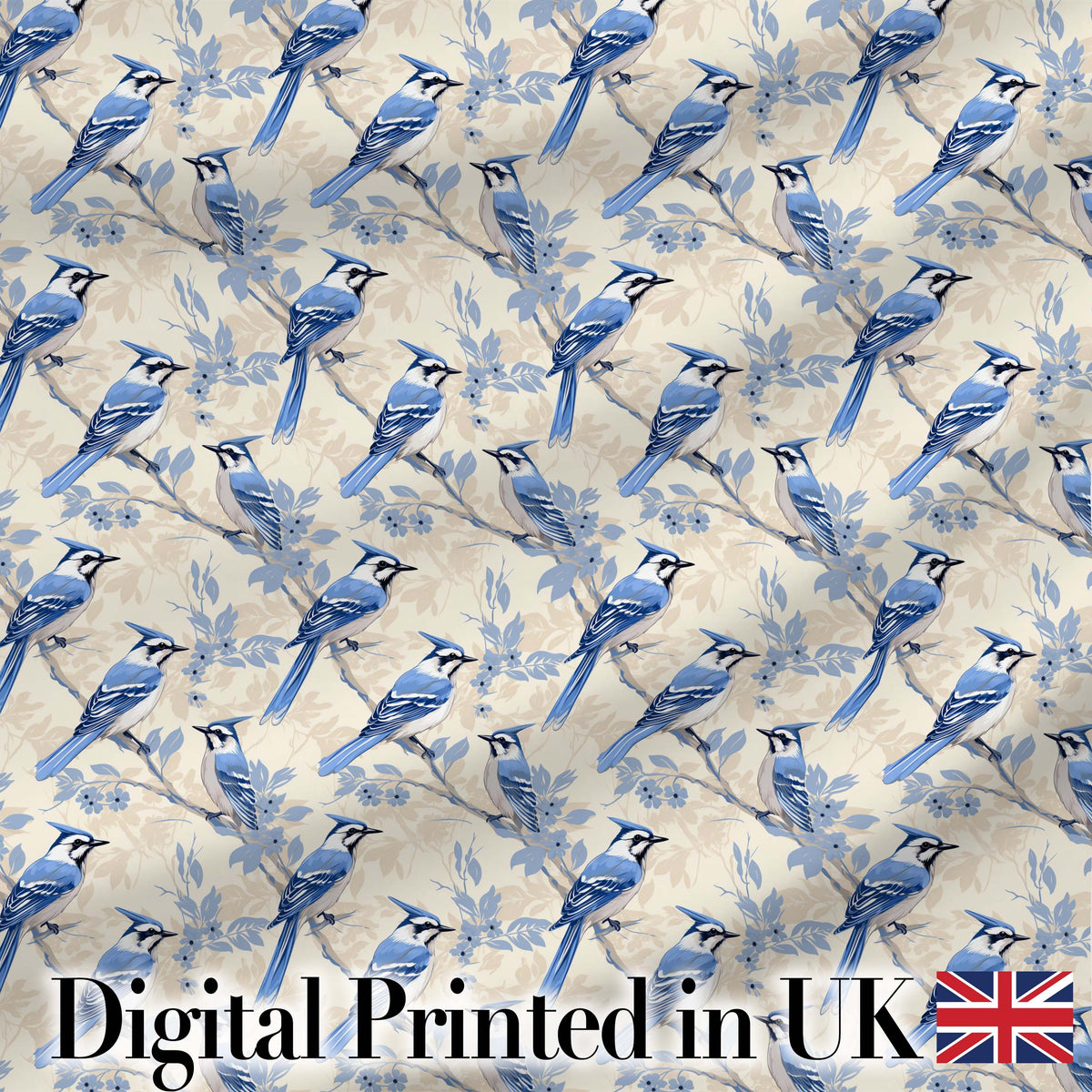 Blue Jay Bird Green Leaf Branch Natural Woodland Botanical Design  Digital Print Material by the Metre UK Sewing Quilting Textile