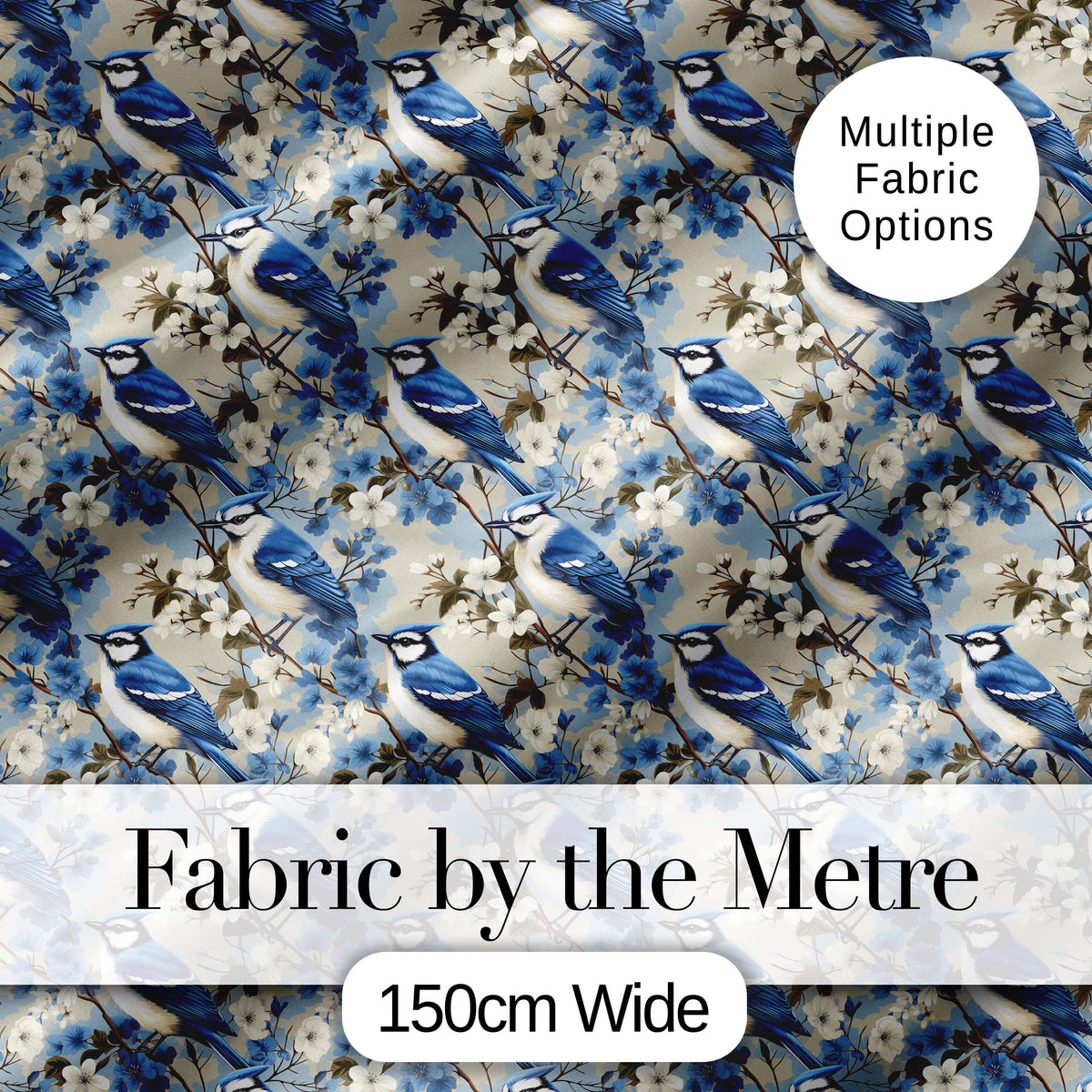 Blue Jay Bird Floral Garden Detailed Botanical Illustration Design  Digital Print Material by the Metre UK Sewing Quilting Textile