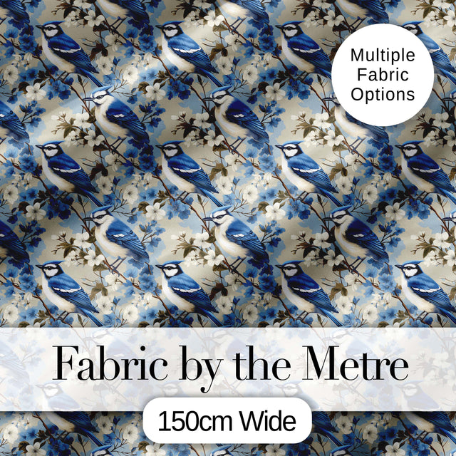 Blue Jay Bird Floral Garden Detailed Botanical Illustration Design  Digital Print Material by the Metre UK Sewing Quilting Textile