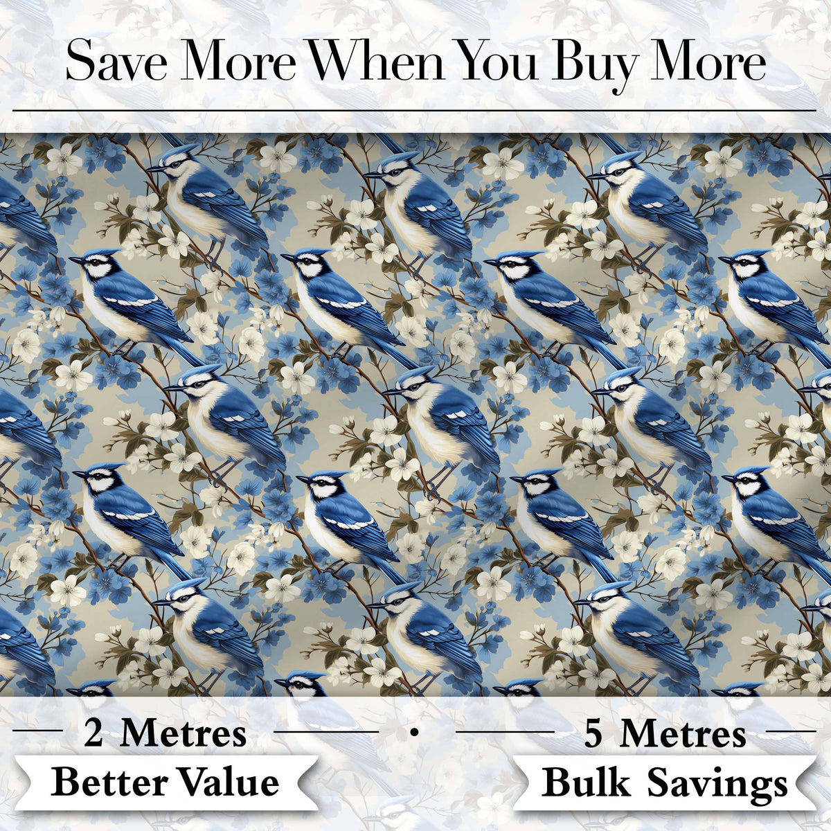 Blue Jay Bird Floral Garden Detailed Botanical Illustration Design  Digital Print Material by the Metre UK Sewing Quilting Textile