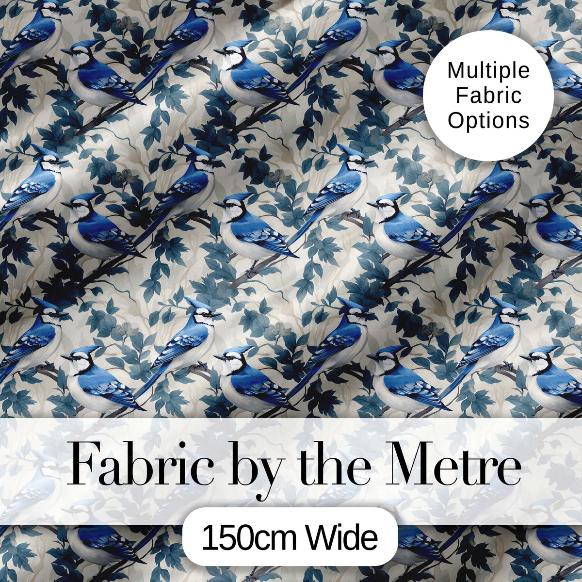 Blue Jay Bird Delicate Floral Seamless Soft Blue Botanical Nature  Digital Print Material by the Metre UK Sewing Quilting Textile