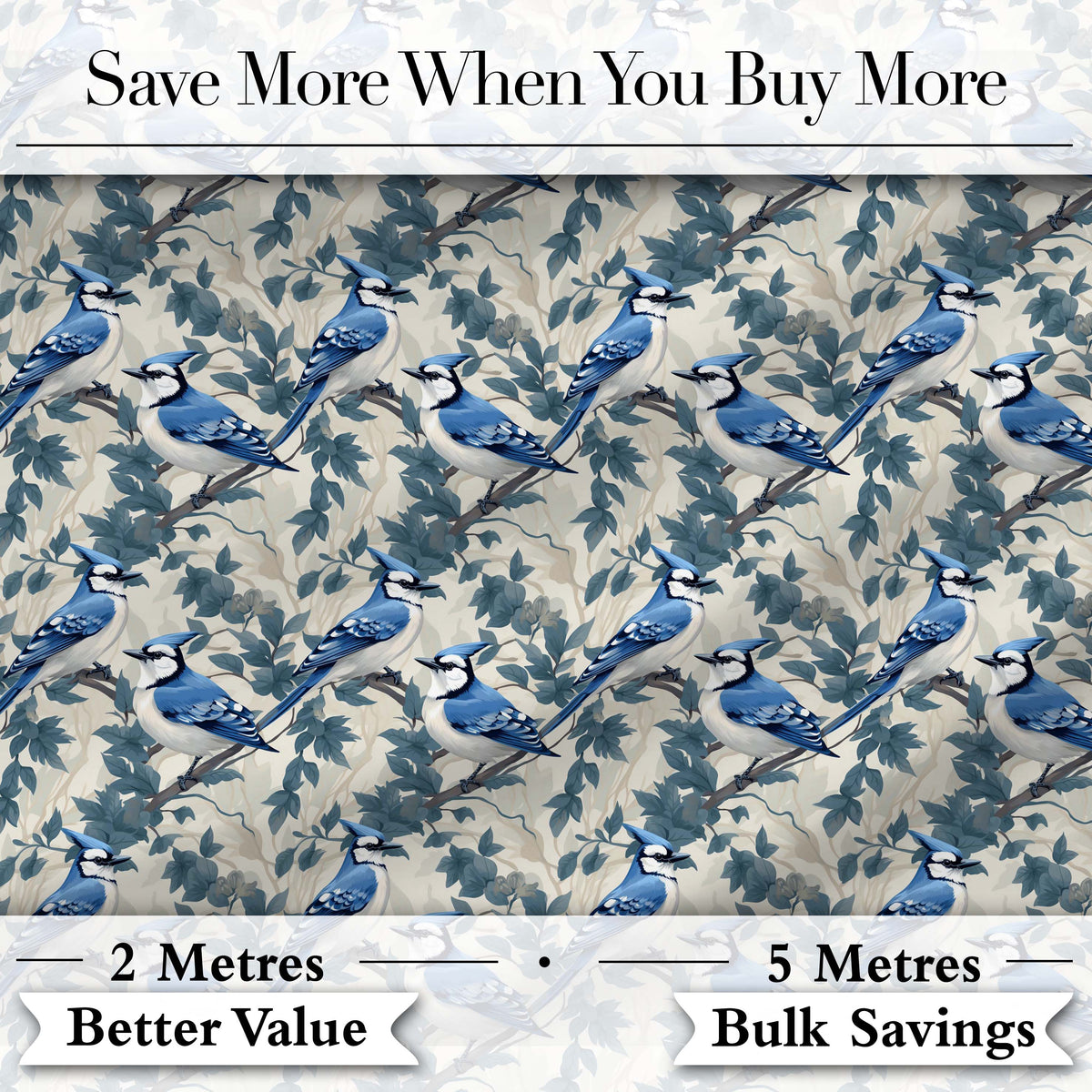 Blue Jay Bird Delicate Floral Seamless Soft Blue Botanical Nature  Digital Print Material by the Metre UK Sewing Quilting Textile