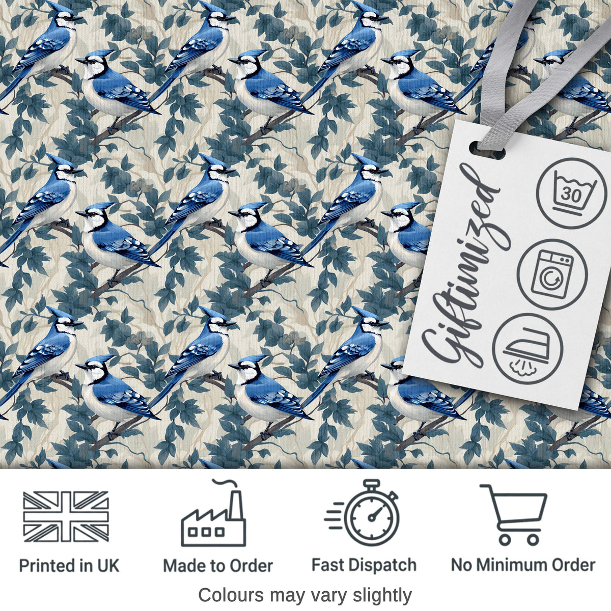 Blue Jay Bird Delicate Floral Seamless Soft Blue Botanical Nature  Digital Print Material by the Metre UK Sewing Quilting Textile