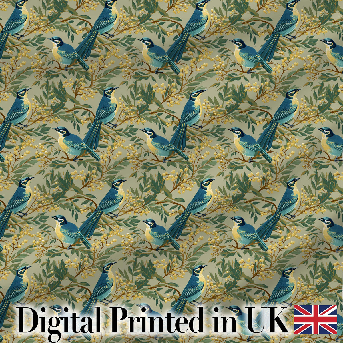 Blue Jay Bird Berry Branch Seamless Pattern Winter Botanical Nature  Digital Print Material by the Metre UK Sewing Quilting Textile