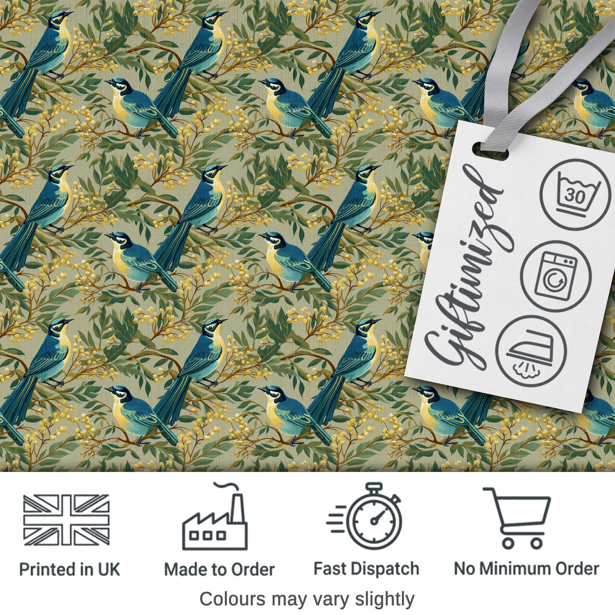 Blue Jay Bird Berry Branch Seamless Pattern Winter Botanical Nature  Digital Print Material by the Metre UK Sewing Quilting Textile