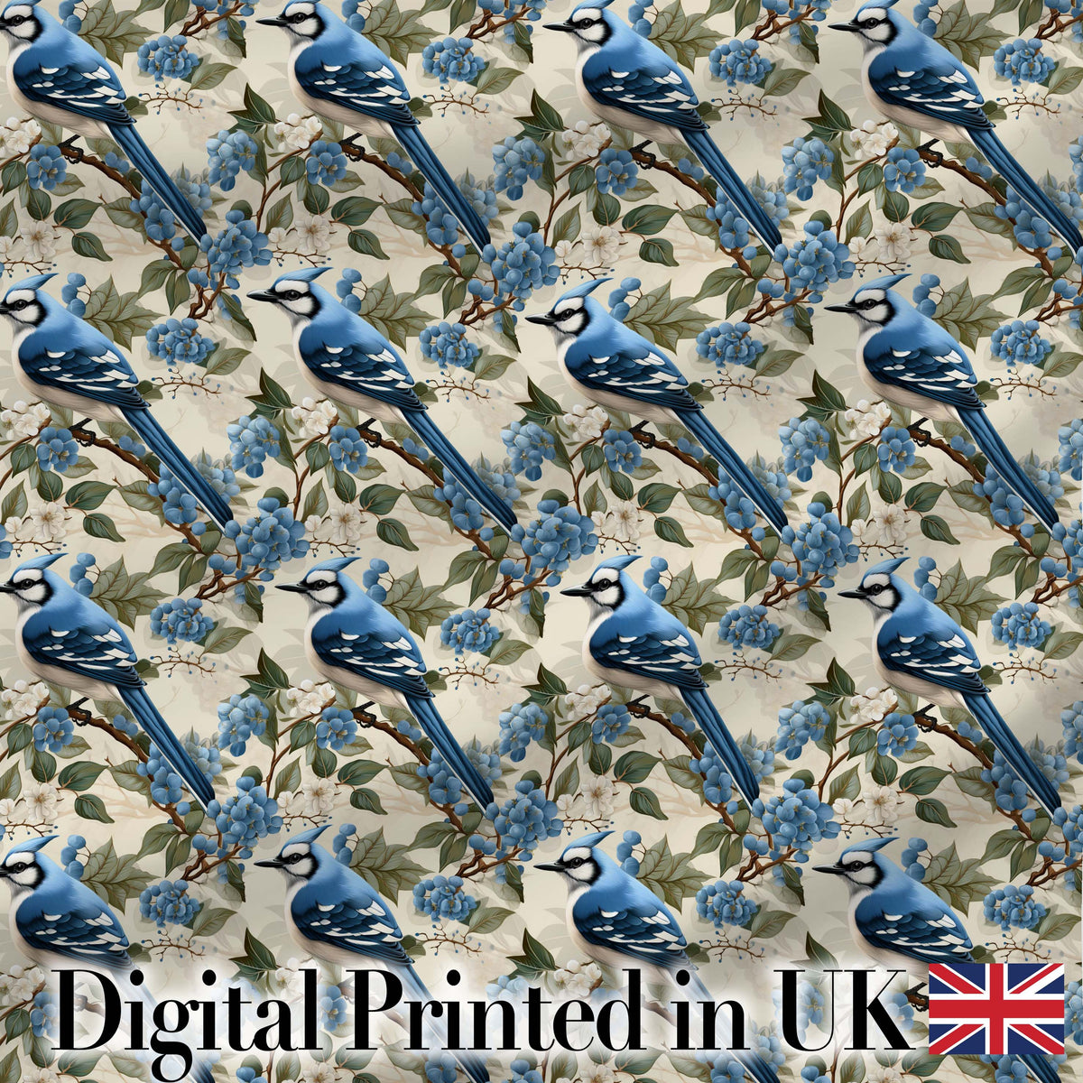 Blue Jay Bird Minimal Branch Blossom Seamless Soft Grey Botanical  Digital Print Material by the Metre UK Sewing Quilting Textile
