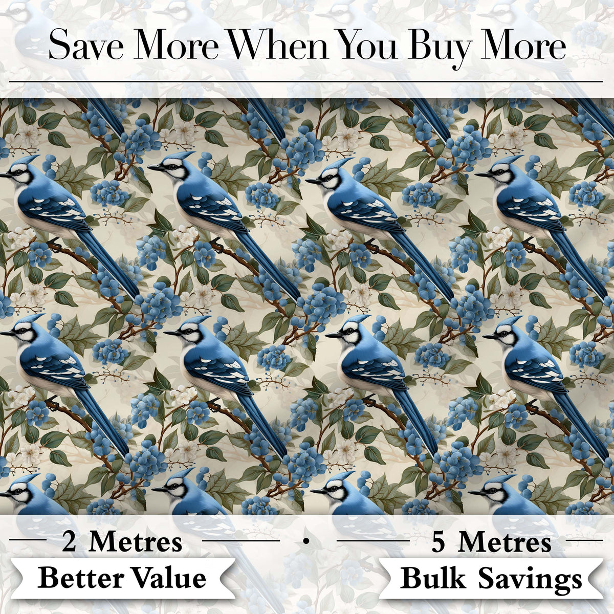 Blue Jay Bird Minimal Branch Blossom Seamless Soft Grey Botanical  Digital Print Material by the Metre UK Sewing Quilting Textile