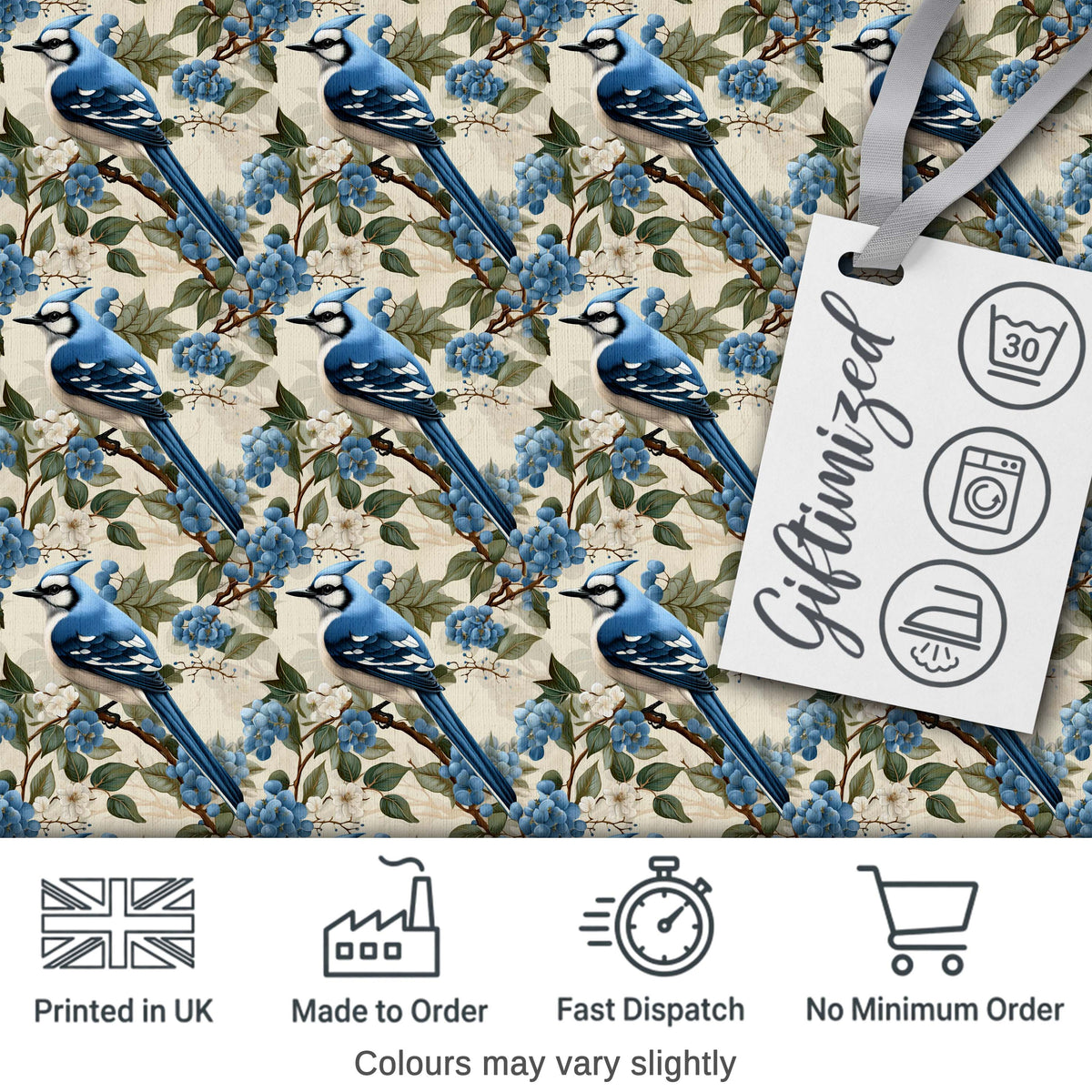 Blue Jay Bird Minimal Branch Blossom Seamless Soft Grey Botanical  Digital Print Material by the Metre UK Sewing Quilting Textile