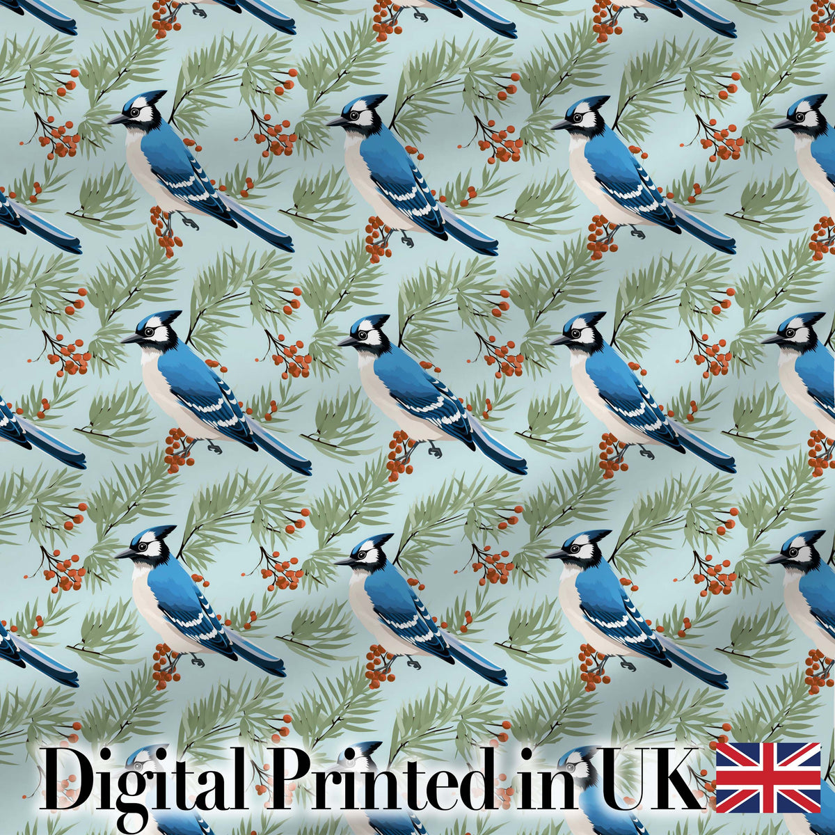 Blue Jay Bird Floral Vine Seamless Pattern Elegant Botanical Textile  Digital Print Material by the Metre UK Sewing Quilting Textile