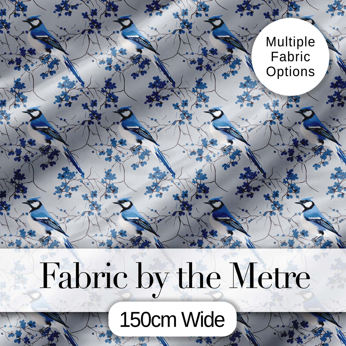 Blue Jay Bird Dark Botanical Leaves Berry Seamless Pattern Lovely  Digital Print Material by the Metre UK Sewing Quilting Textile