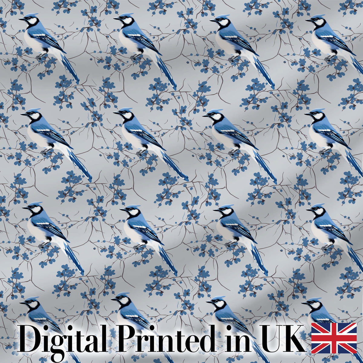 Blue Jay Bird Dark Botanical Leaves Berry Seamless Pattern Lovely  Digital Print Material by the Metre UK Sewing Quilting Textile