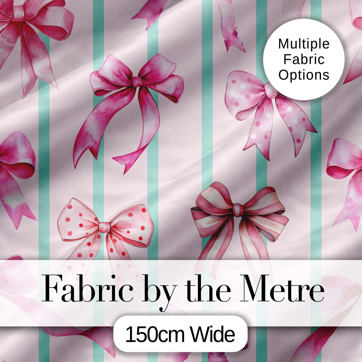 Watercolor Pink Ribbon Bow Seamless Pattern with Soft Blue Stripes  Digital Print Material by the Metre UK Sewing Quilting Textile