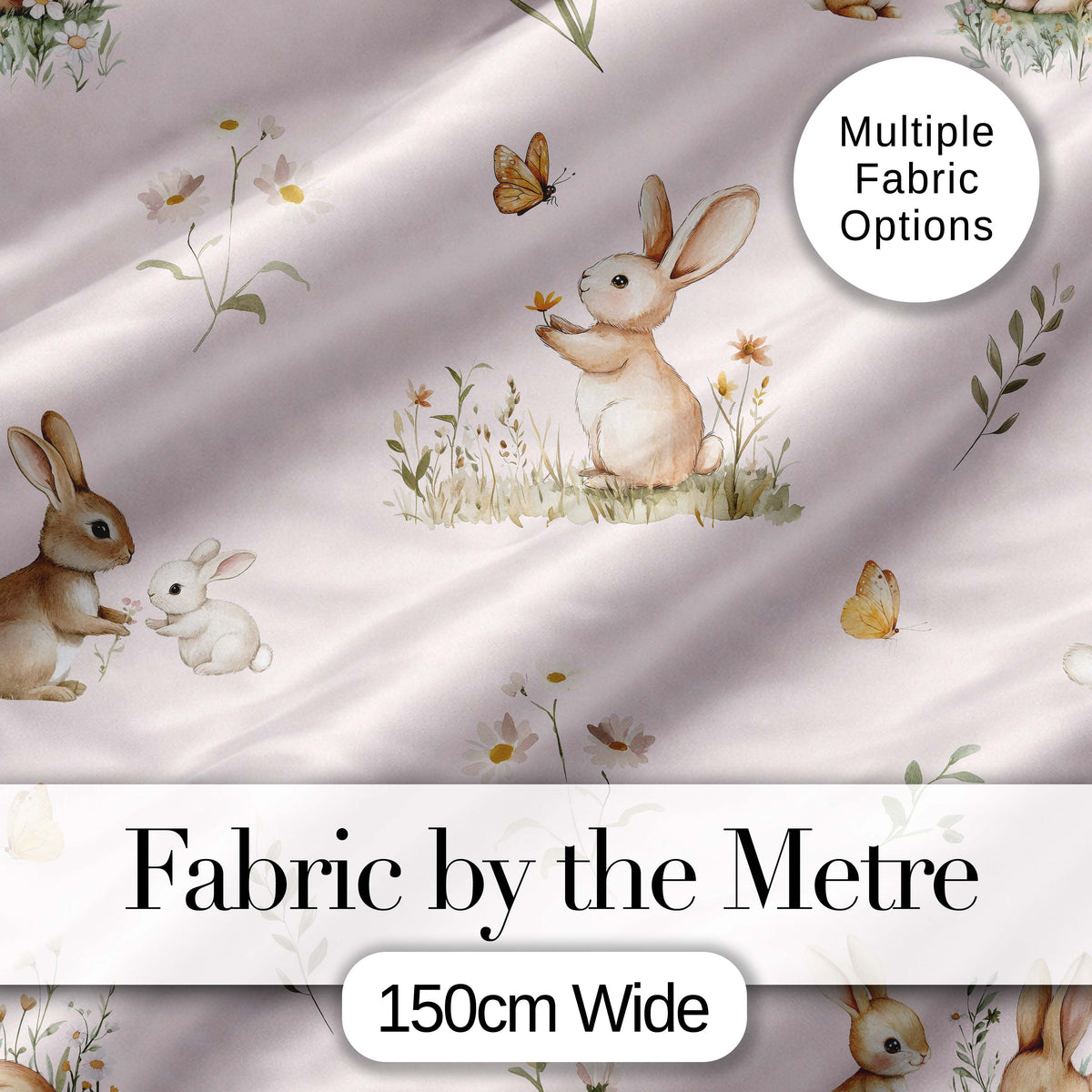 Watercolor Bunny Floral Meadow Seamless Pattern on Neutral Cream  Digital Print Material by the Metre UK Sewing Quilting Textile