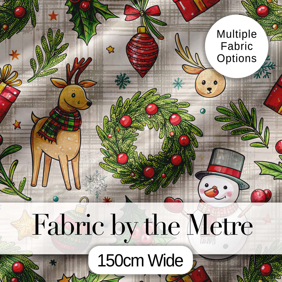 Red Festive Christmas Tree Reindeer Snowman Seamless Pattern Lovely  Digital Print Material by the Metre UK Sewing Quilting Textile