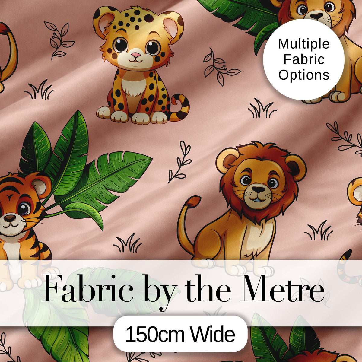 Cute Jungle Animals Lion Tiger Leopard Blush Pink Background Lovely  Digital Print Material by the Metre UK Sewing Quilting Textile
