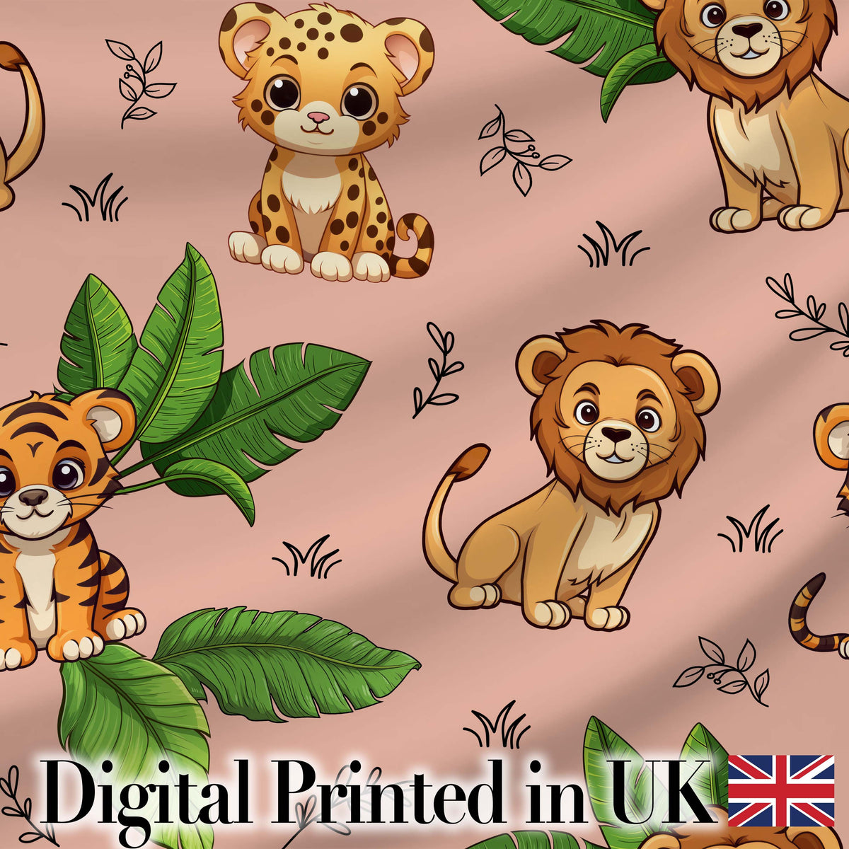 Cute Jungle Animals Lion Tiger Leopard Blush Pink Background Lovely  Digital Print Material by the Metre UK Sewing Quilting Textile