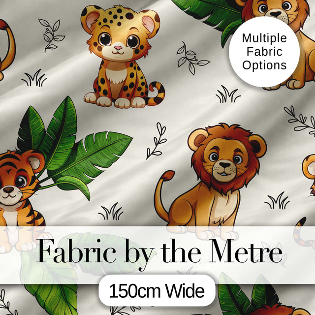 Cute Jungle Animals Lion Tiger Leopard Light Grey Background Lovely  Digital Print Material by the Metre UK Sewing Quilting Textile