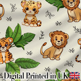Cute Jungle Animals Lion Tiger Leopard Light Grey Background Lovely  Digital Print Material by the Metre UK Sewing Quilting Textile
