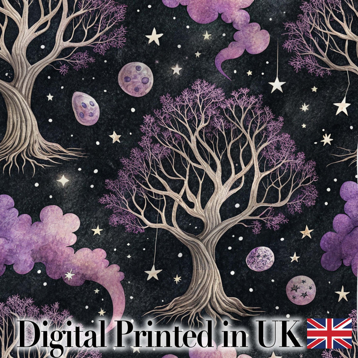 Celestial Cat Moon Stars Botanical Night Seamless Pattern Lovely  Digital Print Material by the Metre UK Sewing Quilting Textile