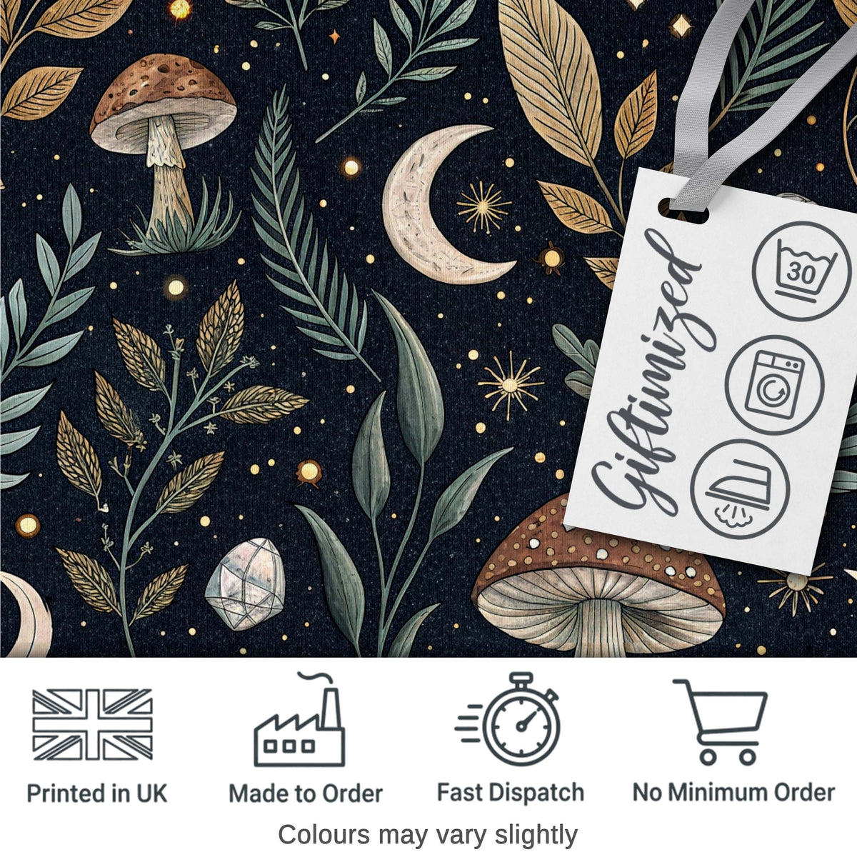 Golden Mushrooml Floral Spiral Stars Night Seamless Pattern Lovely  Digital Print Material by the Metre UK Sewing Quilting Textile