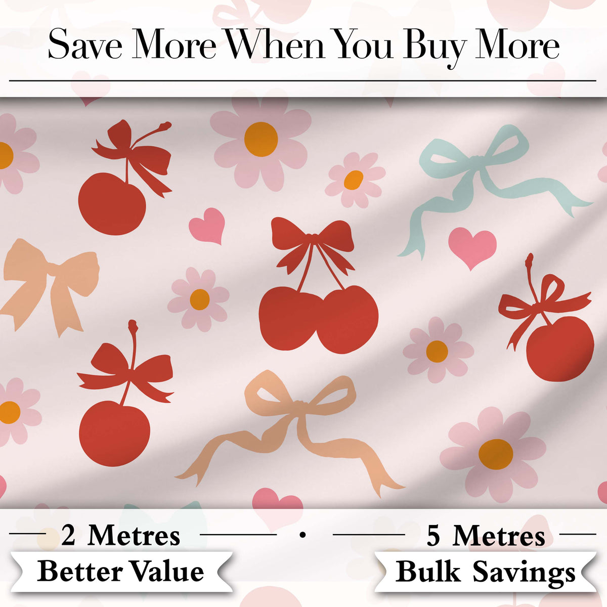 Cute Cherry Bow Daisy Heart Seamless Pattern on Soft Cream Lovely  Digital Print Material by the Metre UK Sewing Quilting Textile
