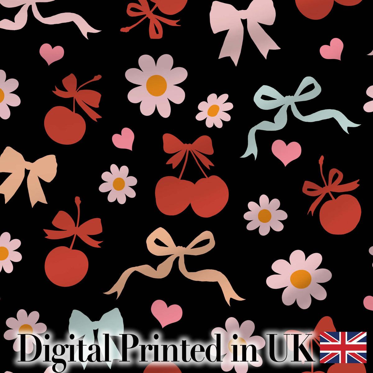 Cute Cherry Bow Daisy Heart Seamless Pattern on Light Neutral Cream  Digital Print Material by the Metre UK Sewing Quilting Textile