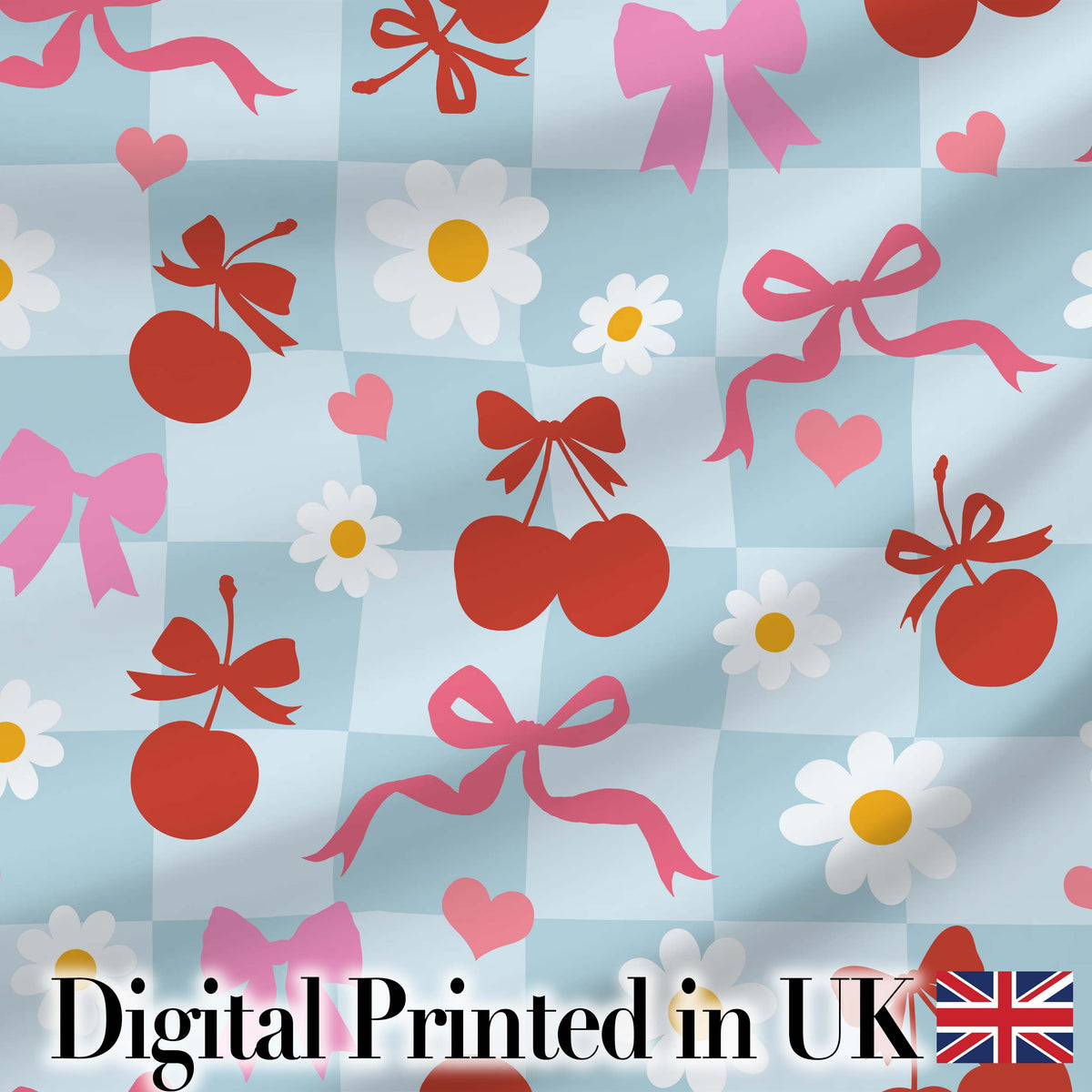 Cute Cherry Bow Daisy Heart Seamless Pattern on Pale Blush Pink  Digital Print Material by the Metre UK Sewing Quilting Textile