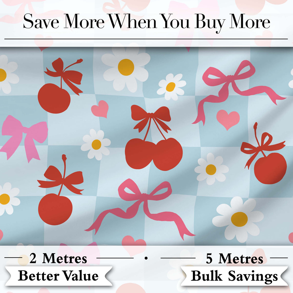 Cute Cherry Bow Daisy Heart Seamless Pattern on Pale Blush Pink  Digital Print Material by the Metre UK Sewing Quilting Textile